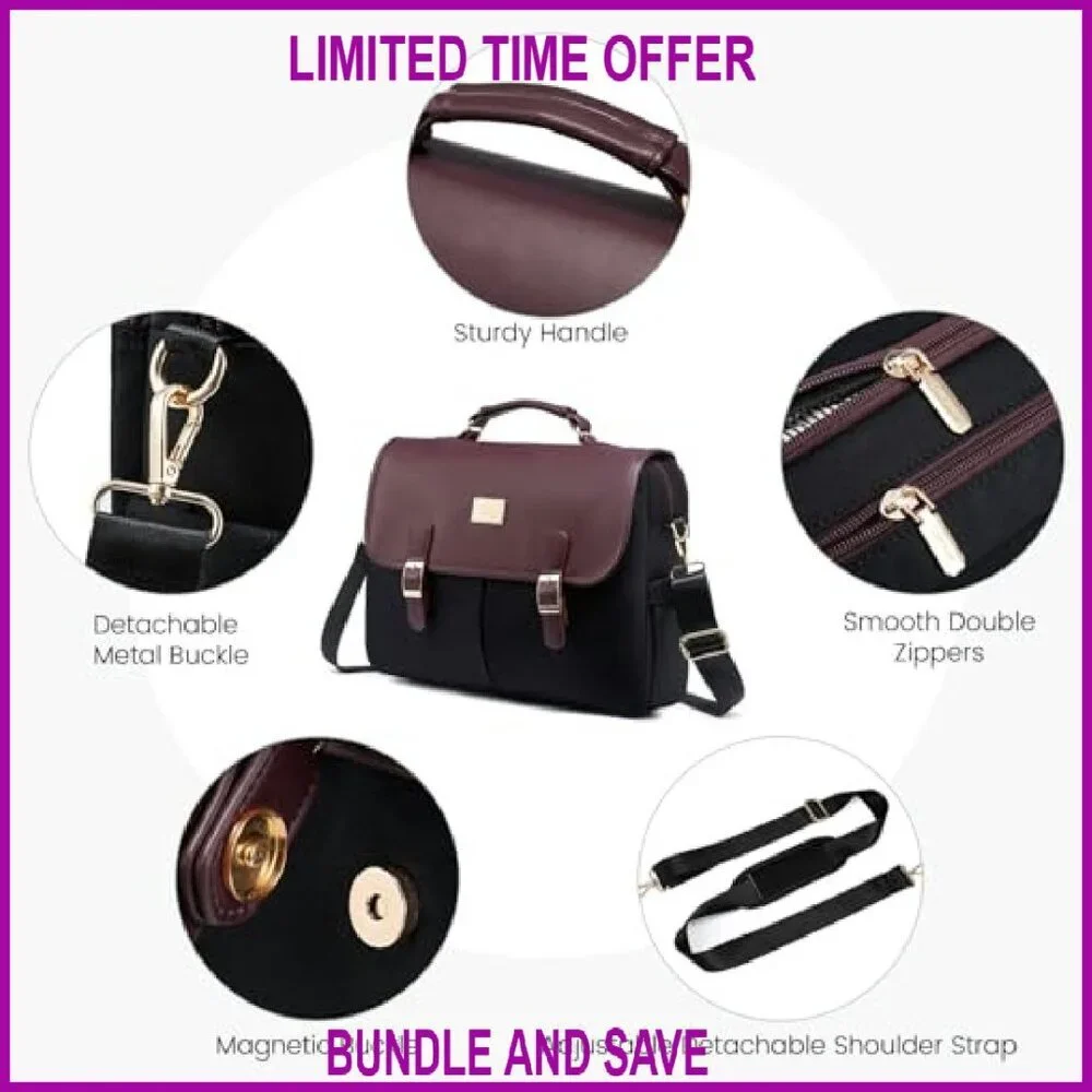 Large 15.6 Inch Laptop Messenger Bag, PU Leather, 17 Pockets, Travel & Work Tote